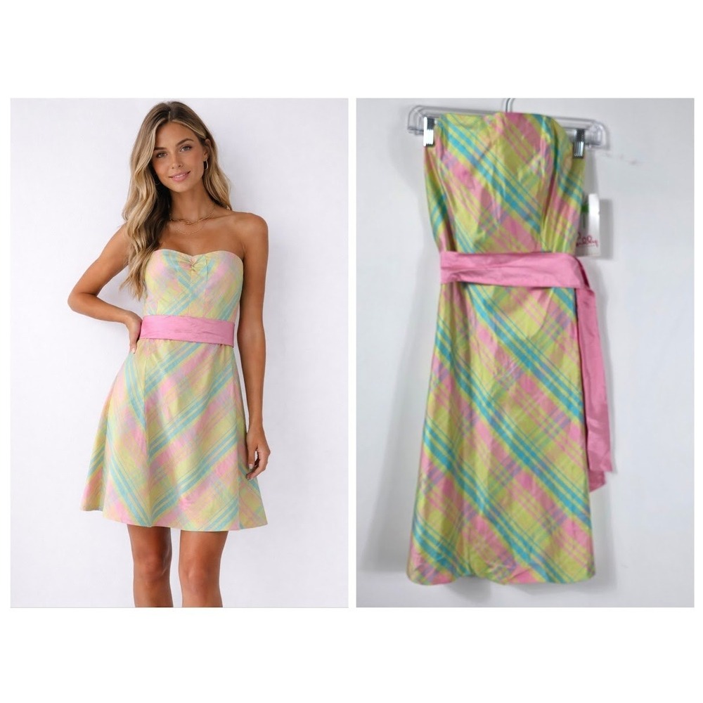 Lilly Pulitzer Sienna Dress Women 6 Pink Plaid Silk Taffeta‎ Strapless 64961